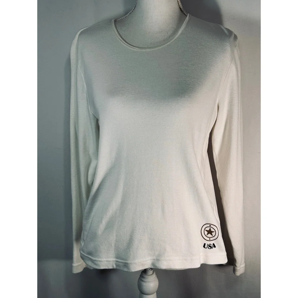 Carole Little Sport‎ Womens White Ribbed Long Sleeve USA Star Graphic Top Size L